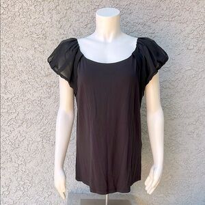 Anne Klein AK Black Short Sleeve Shirt with Sheer Puff Sleeves Elegant Blouse